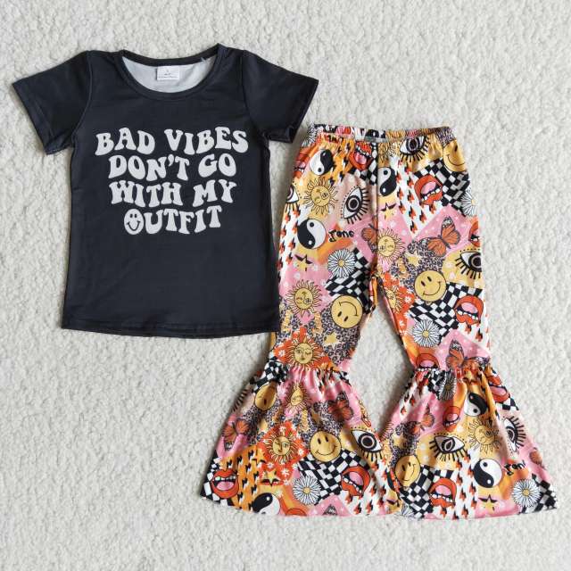 kids boutique outfits short sleeve letter print  top with  bell bottom  pants  girl set