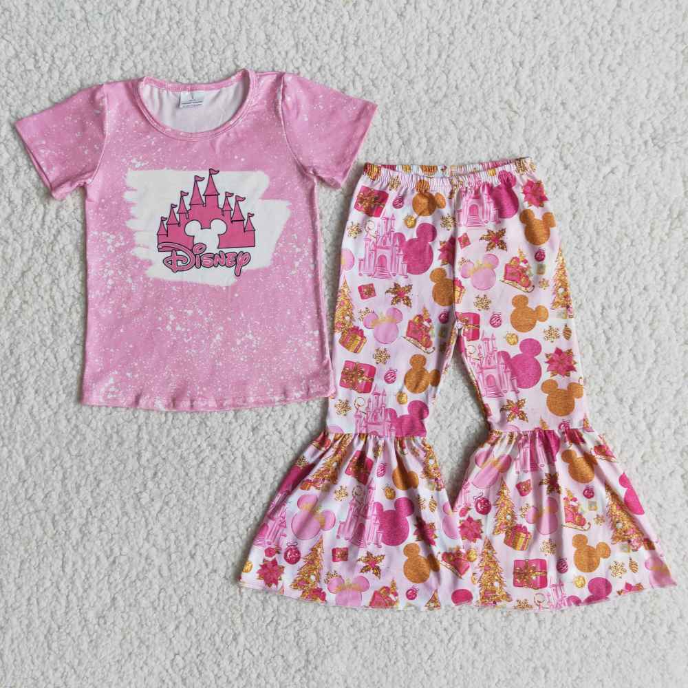 kids boutique outfits short sleeve top with bell bottom  pants  children girl set