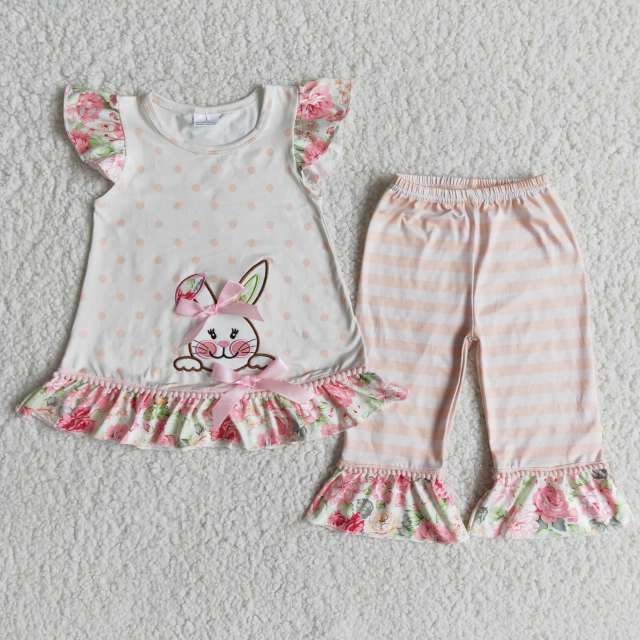 kids Easter clothes short sleeve embroidery  bunny print  top with pants baby girl set