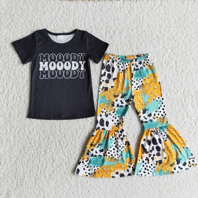 baby clothing short sleeve letter print top with bell bottom pants  kids  girl set