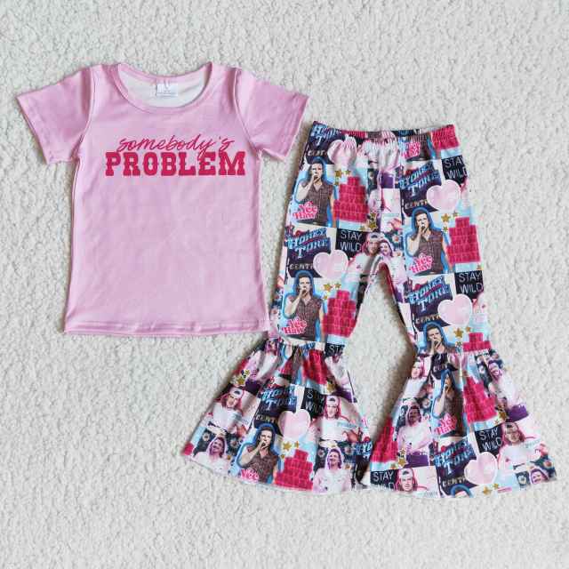 girl spring clothing short sleeve top with bell bottom pants star print kids set