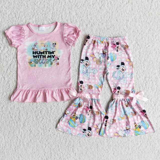 girl Easter clothes short sleeve top with bell bottom pants cartoon print  kids clothes set