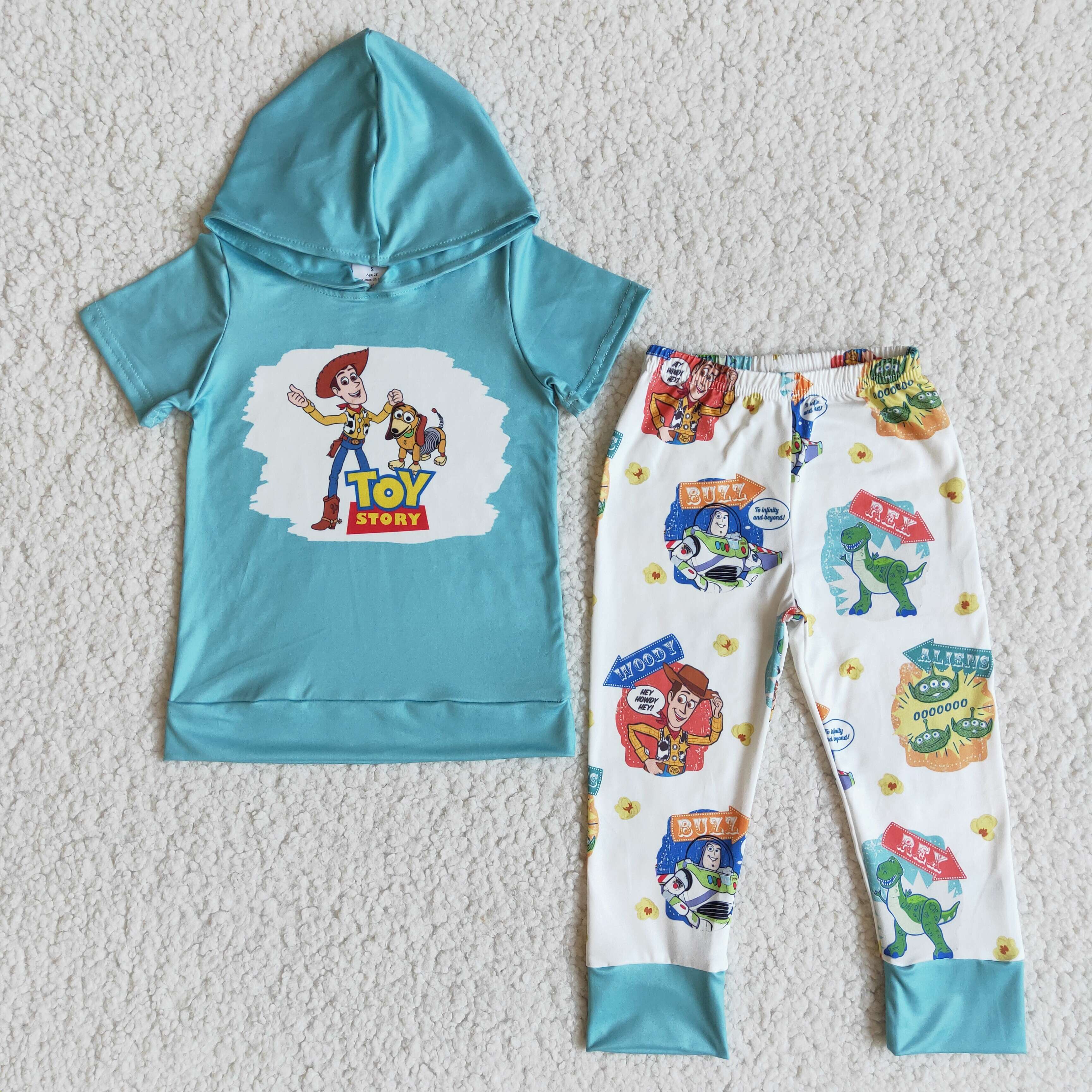 boy spring clothing short sleeve hooded top with pants cartoon print kids set
