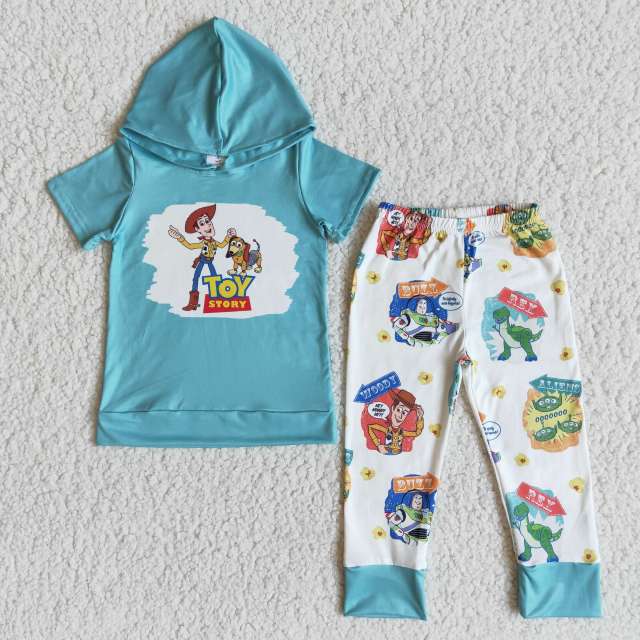 boy spring clothing short sleeve hooded top with pants cartoon print kids set