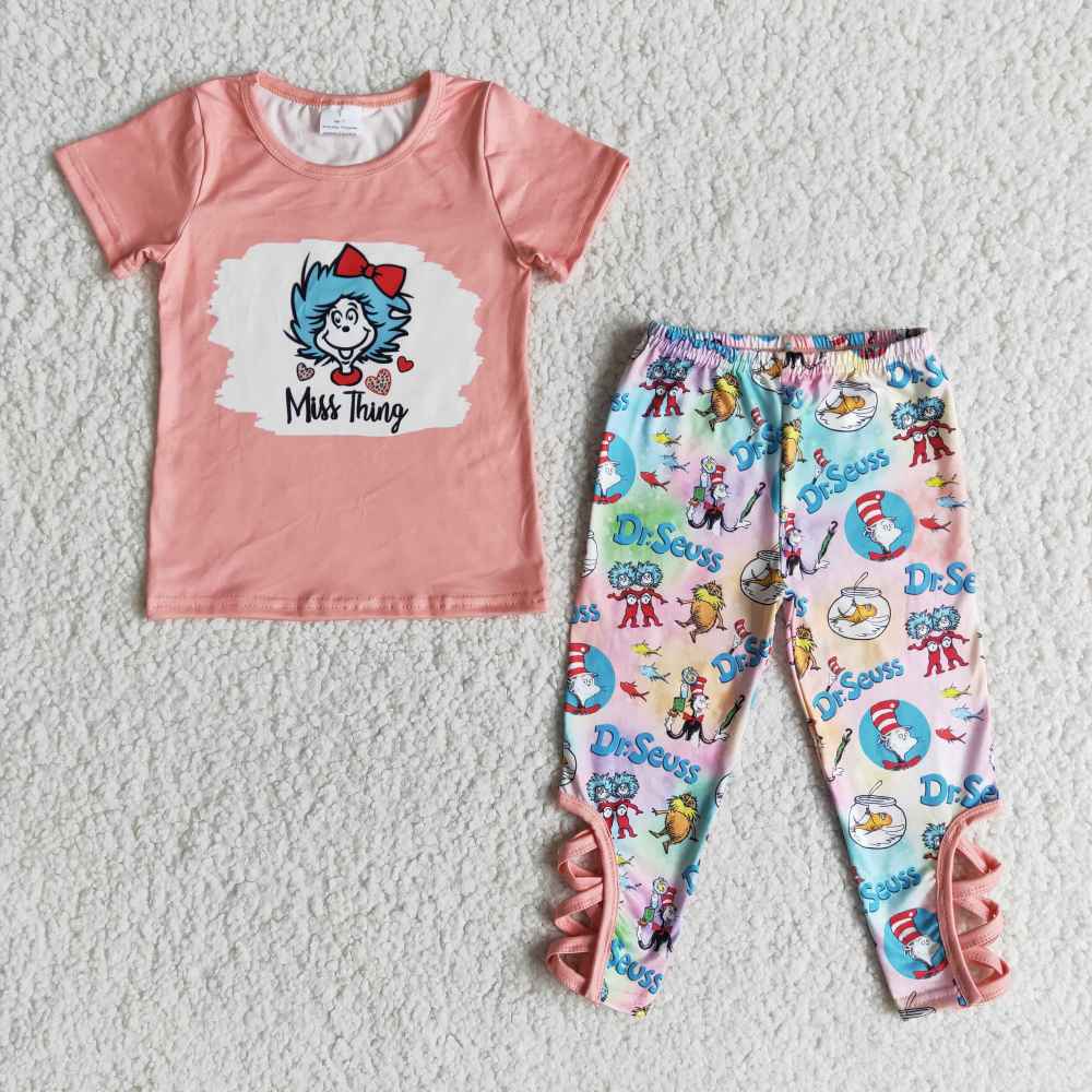 children clothing short sleeve top with pants cartoon print kids  girl set