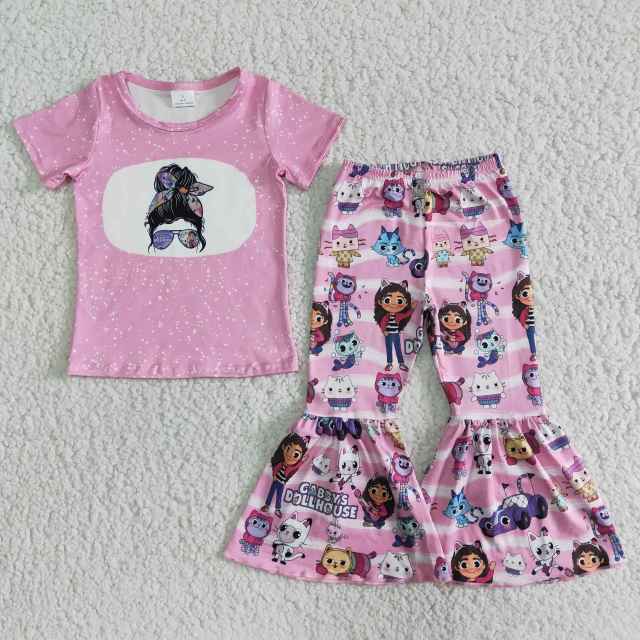 kids clothes short sleeve top with bell bottom pants cartoon print  baby girl set