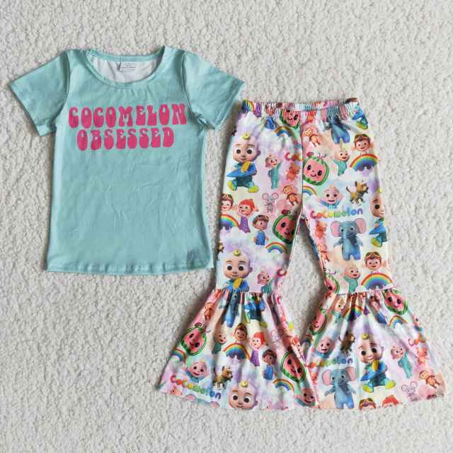 kids spring clothing short sleeve letter print top with bell bottom pants cartoon print girl set