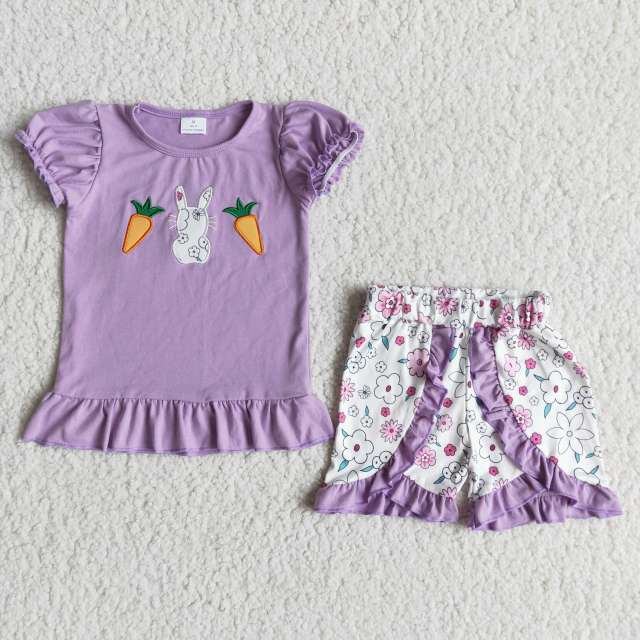 kids Easter clothes short sleeve carrot and bunny embroidery top with shorts baby girl set