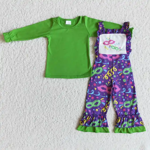 kids Mardi Gras Carnival clothes green long sleeve top with strap pants girl boutique outfits