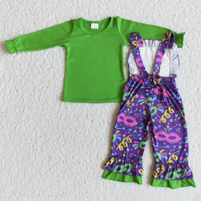 kids Mardi Gras Carnival clothes green long sleeve top with strap pants girl boutique outfits