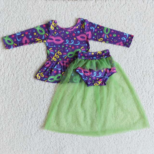 kids girl Mardi Gras Carnival clothes long sleeve top with chiffon skirt and bummies children boutique outfits