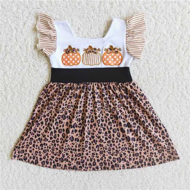 White stitching leopard print flying sleeve embroidered pumpkin dress