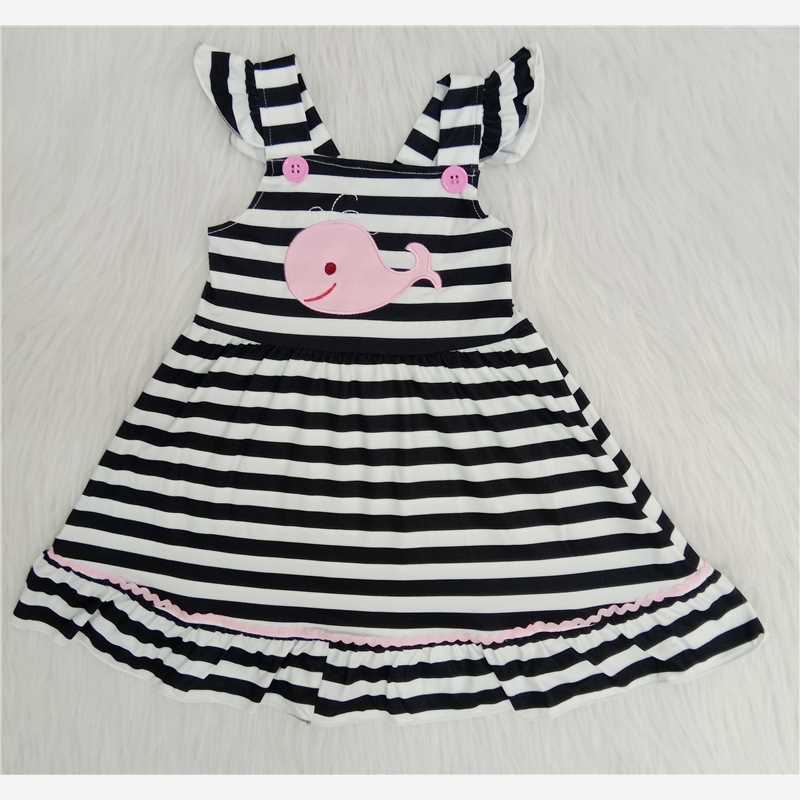 Pink little whale black and white striped dress