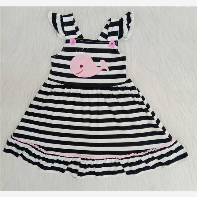 Pink little whale black and white striped dress