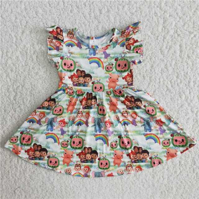 Cartoon rainbow striped flying sleeve dress boutique girls clothes