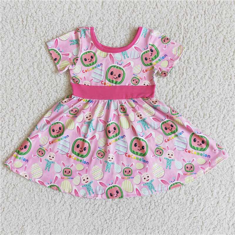 Cartoon pink short sleeve dress boutique girls clothes