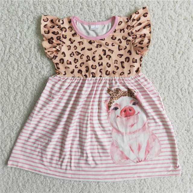 Leopard print headband pink pig stripe flying sleeve dress