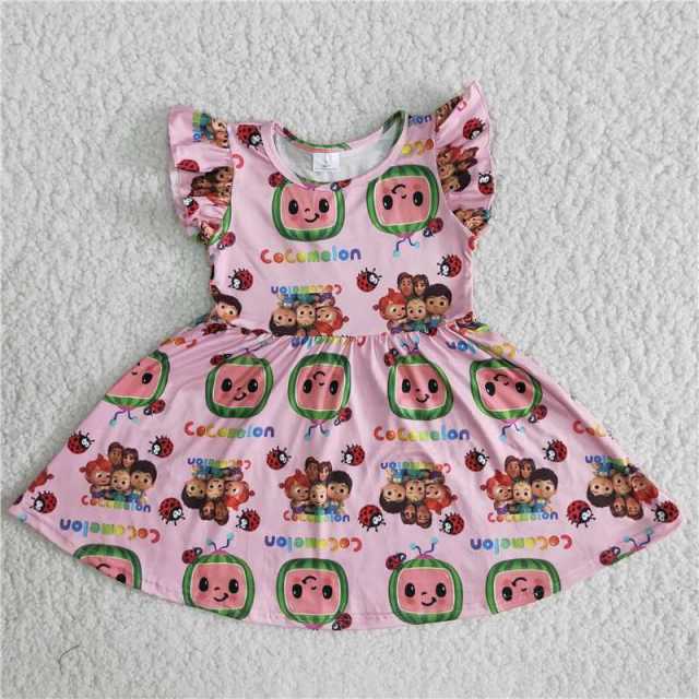 Cartoon pink flying sleeve dress boutique girls clothes
