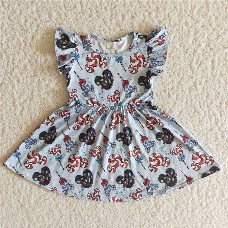 Color light bulb cartoon flying sleeve dress boutique girls clothes