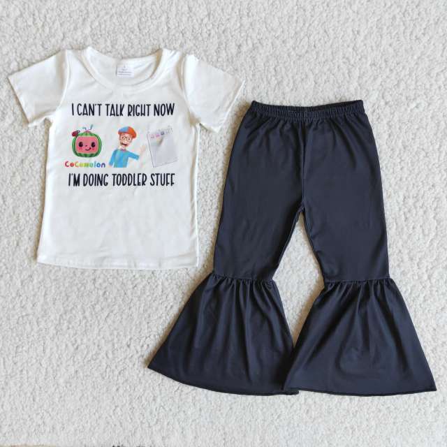 children boutique outfits short sleeve  cartoon print top with bell bottom pants girl clothes set