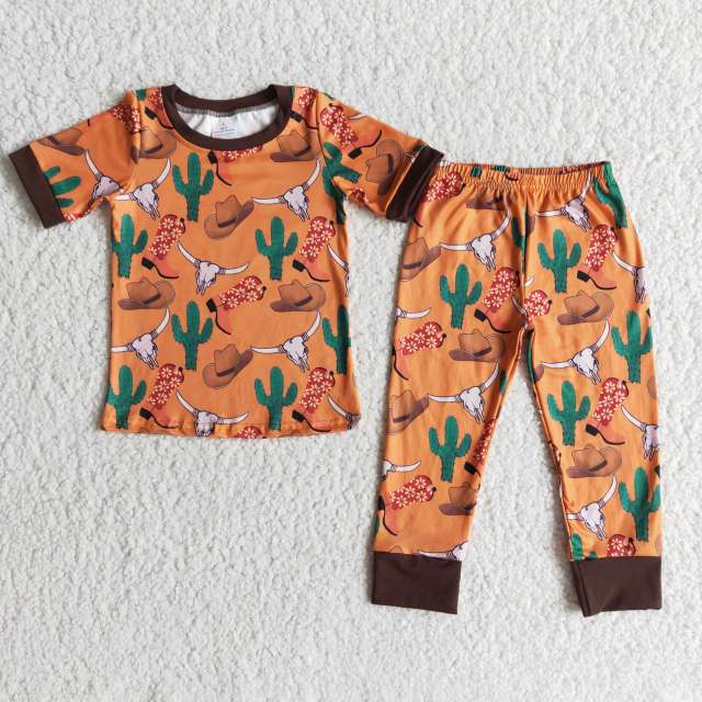 boy clothing short sleeve top with pants cow and cactus print  kids spring set