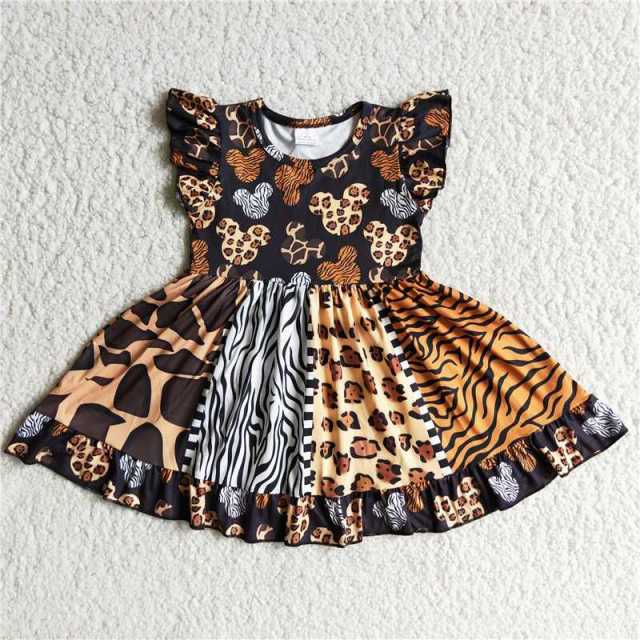Leopard print cartoon boutique stitching small flying sleeve dress