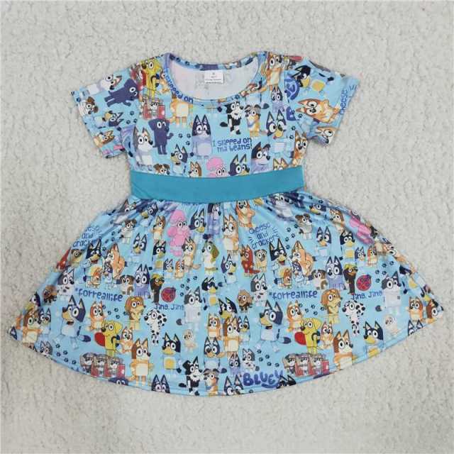 Light blue cartoon dog short sleeve dress