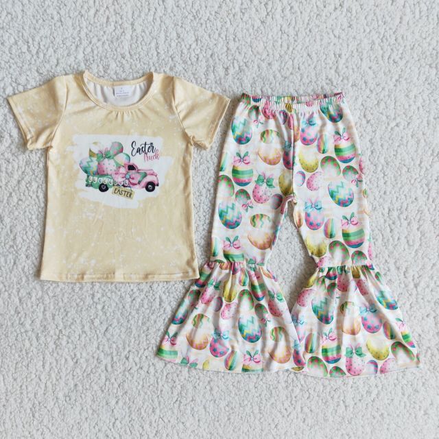 girl Easter clothing short sleeve top with bell bottom pants kids boutique outfits