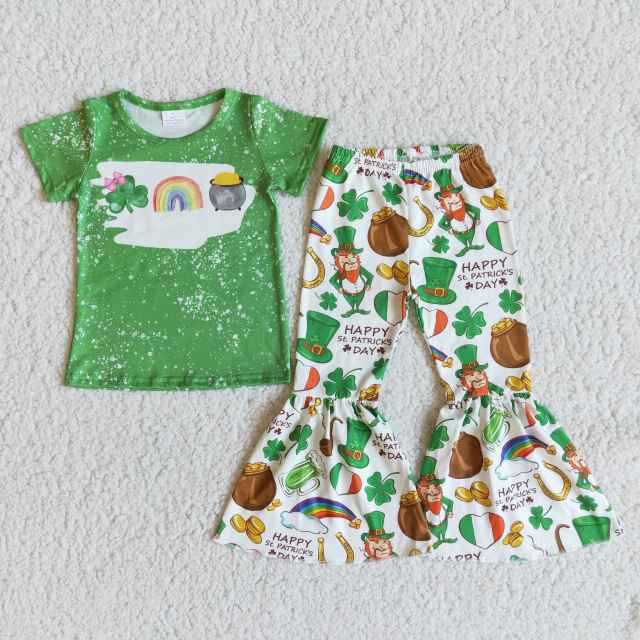 kids Saint patrick clothes short sleeve top with bell bottom pants children girl boutique outfits