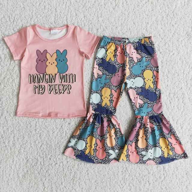 kids Easter clothing short sleeve top with bell bottom pants girl set