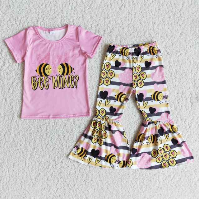 kids Valentine's Day clothing short sleeve top with bell bottom pants girl set