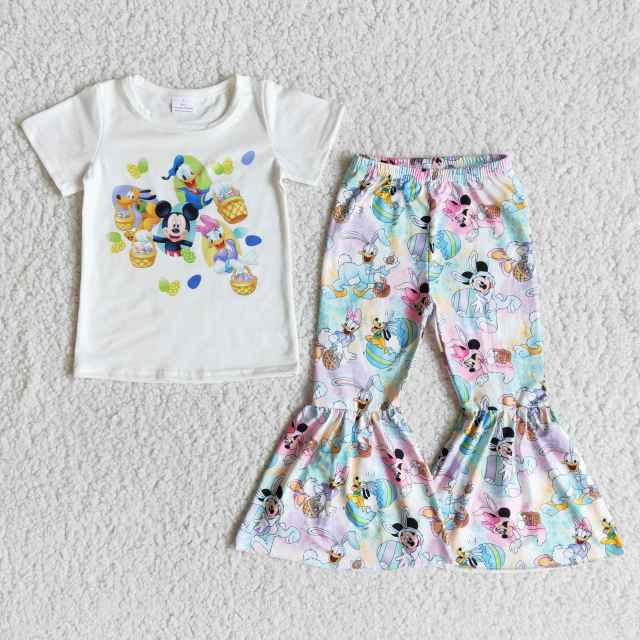 kids Easter clothing short sleeve top with bell bottom pants cartoon print girl set