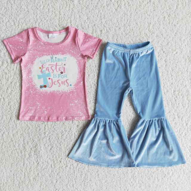 kids  Easter clothing short sleeve top with velvet bell bottom pants baby girl set