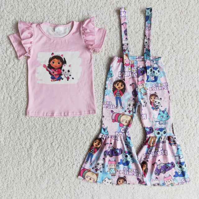children fashion clothing short sleeve top with suspender pants cartoon kids boutique outfits