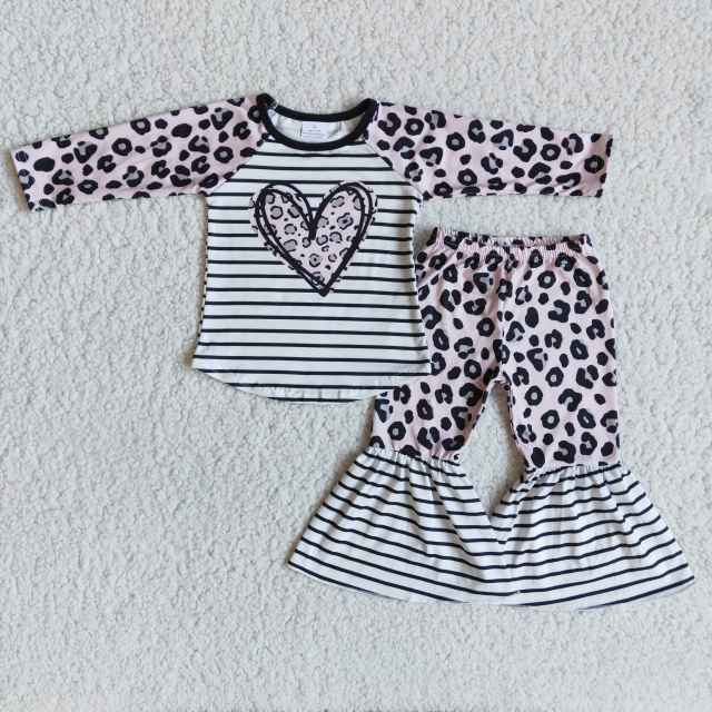 kids Valentine's Day clothing long sleeve top with bell bottom pants leopard and strip print baby girl set
