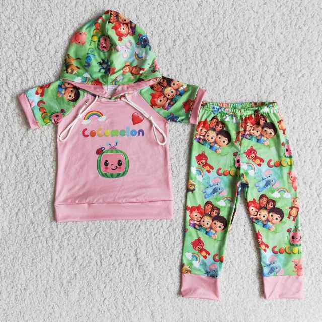 girl spring  clothing  hooded top with pants cartoon print  kids boutique outfits