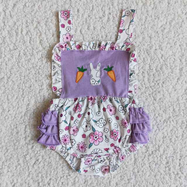 kids Easter clothes sleeveless embroidery bunny and carrot girl summer romper