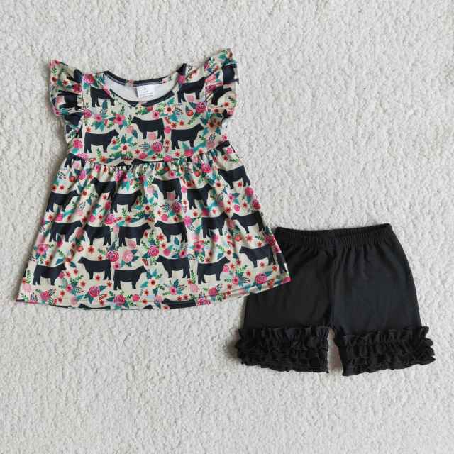 cows flowers top black short pants set