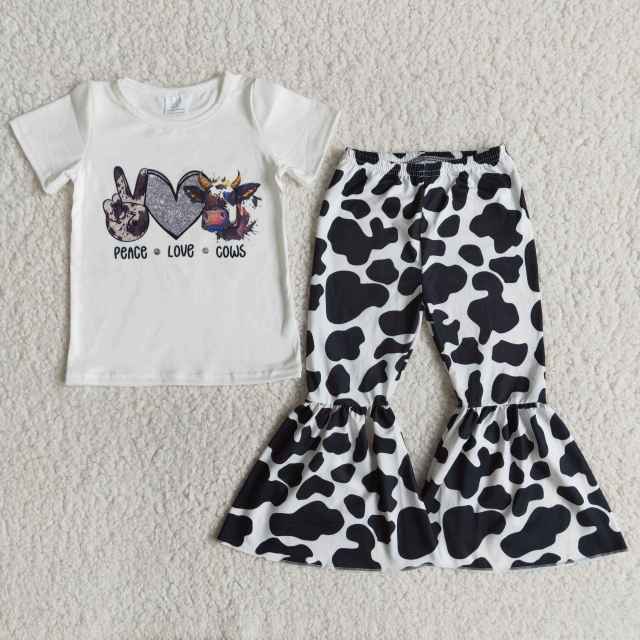 peace love cows print short sleeve girl set