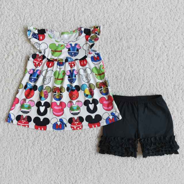 cartoon top black short pants outfit