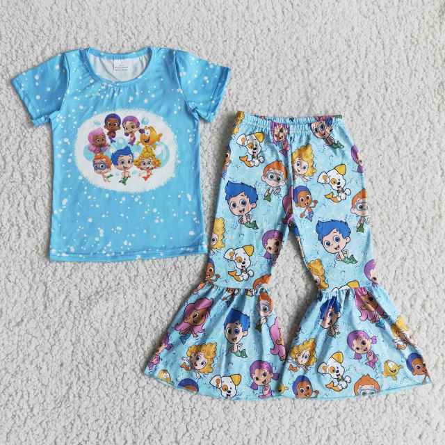 blue sets bell bottom pants girl's outfit