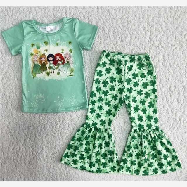 Girls cartoon boutique four-leaf clover green set