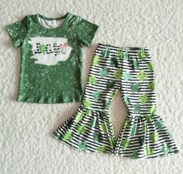 Girls Lucky Green Short Sleeve Clover Stripe Suit