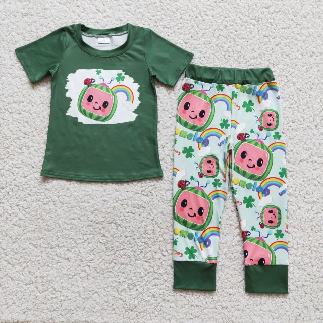 Boys cartoon four-leaf clover green short-sleeved trousers outfits