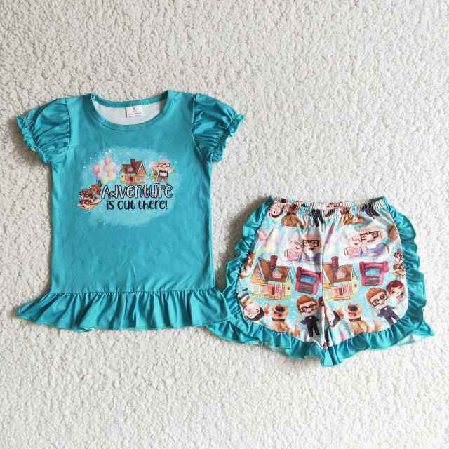 summer blue girl's short sleeve and shorts outfit kid's clothes