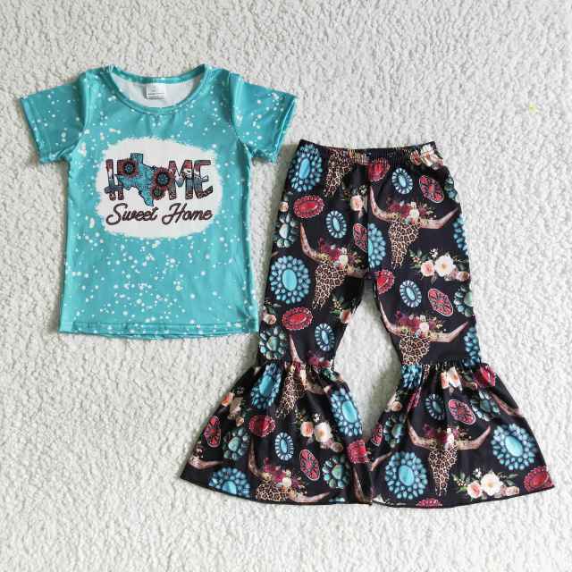 blue girl's short sleeve top and pants outfit kid's clothing sets