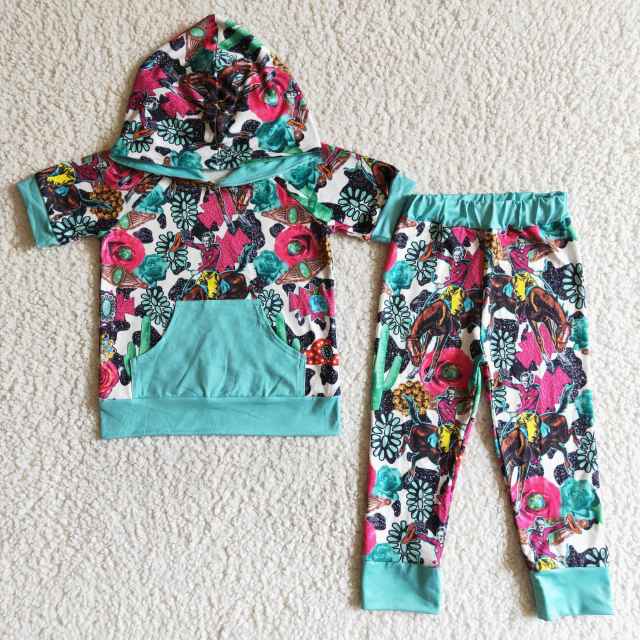 girl's short sleeve hooded  top and pants flower pattern outfit kid's clothes