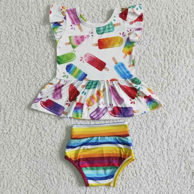 GBO0013 baby girl clothes popsicle print bummies set