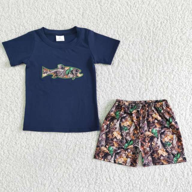 BSSO0010 Kids  Boutique Outfits Navy Embroidery Top With Shorts 2 Pieces Children Clothes Set