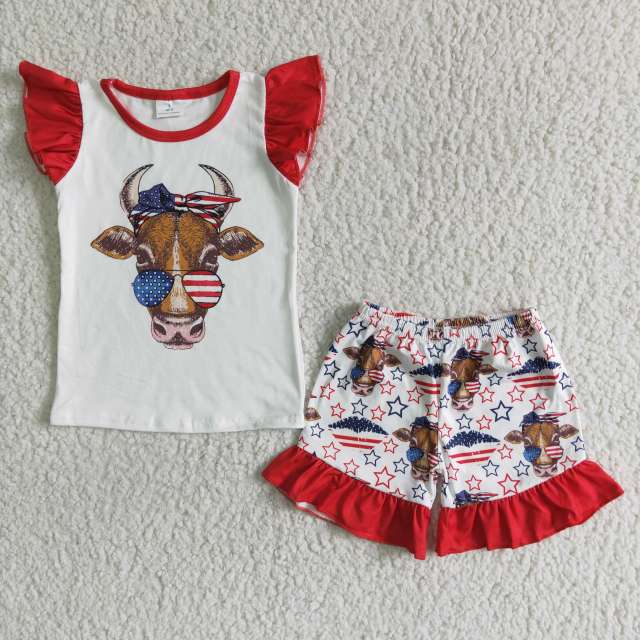 GSSO0046 Toddler Summer Clothes Flutter Sleeve Cow Print Top With Shorts Kids Girl July 4Th Set